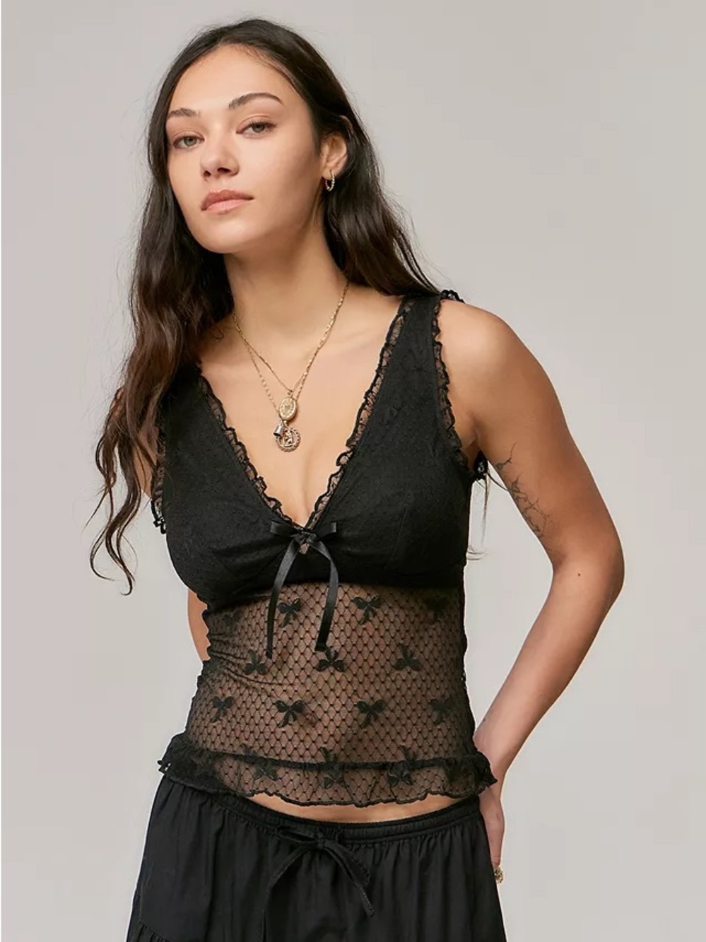 Urban Outfitters Black Bow Mesh Sheer Cami Top Size S Y2K Romantic Goth Coquette